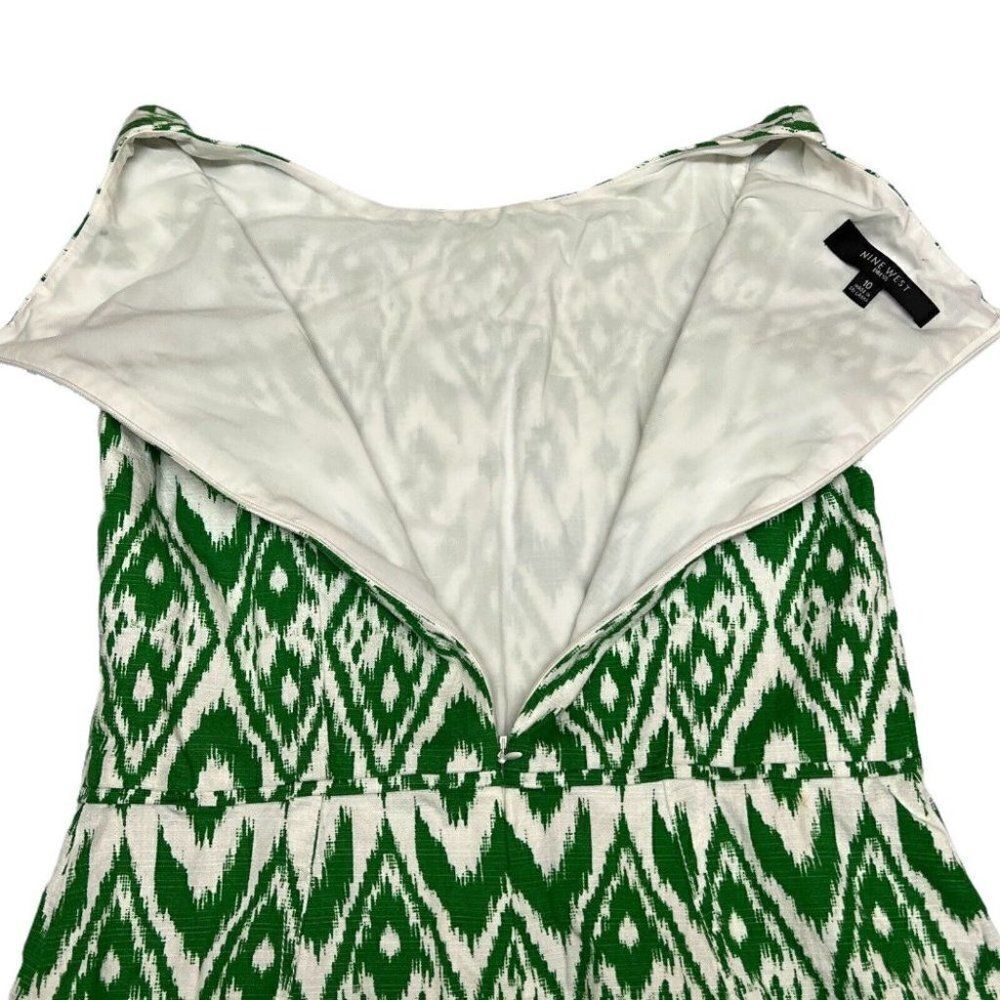 Nine West Green White Ikat Print Dress Size 10 Sleeveless A-Line Spring - Picture 6 of 11